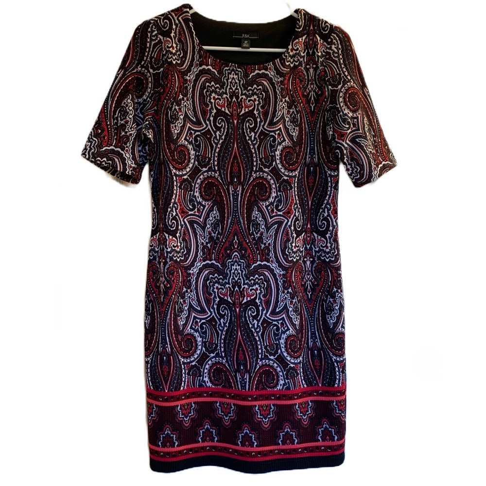 R&K Petite Dress Size 4 Shift Knee Length Deep Fall Colors Stretch Preppy